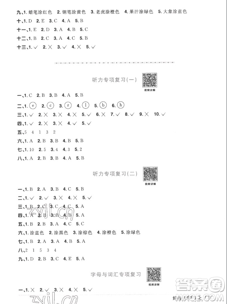 江西教育出版社2022陽光同學(xué)一線名師全優(yōu)好卷英語三年級上冊人教版答案