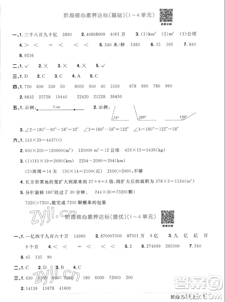 江西教育出版社2022陽光同學(xué)一線名師全優(yōu)好卷數(shù)學(xué)四年級(jí)上冊(cè)人教版答案