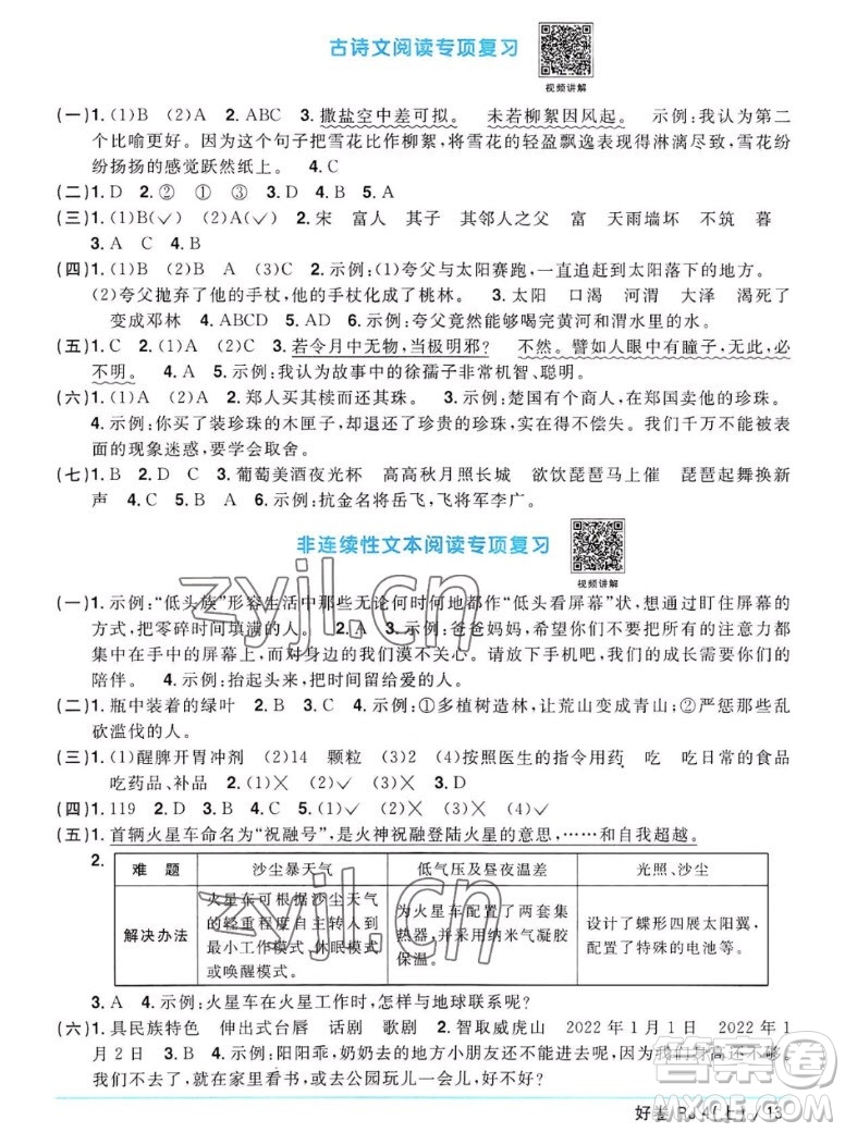 江西教育出版社2022陽(yáng)光同學(xué)一線名師全優(yōu)好卷語(yǔ)文四年級(jí)上冊(cè)人教版答案