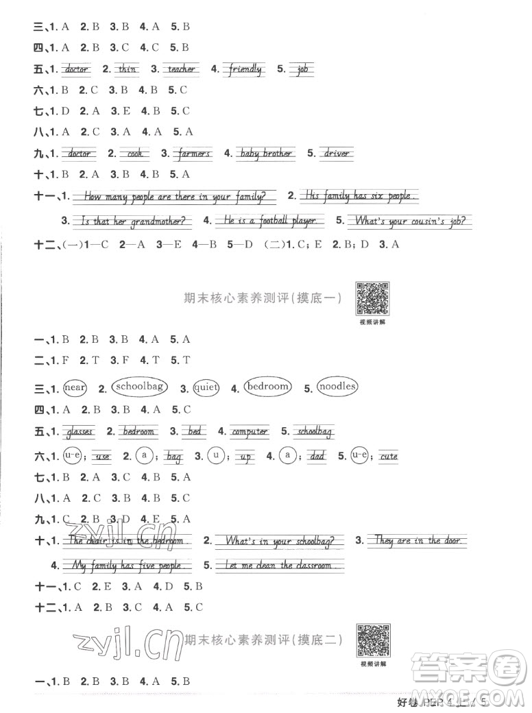 江西教育出版社2022陽光同學一線名師全優(yōu)好卷英語四年級上冊人教版答案