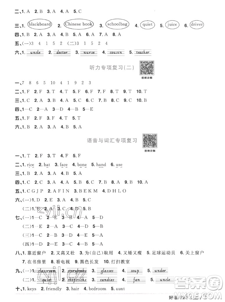 江西教育出版社2022陽光同學一線名師全優(yōu)好卷英語四年級上冊人教版答案