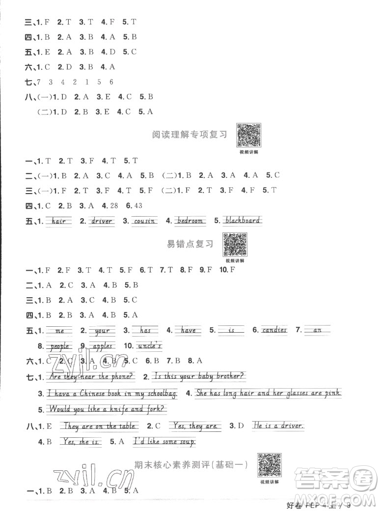 江西教育出版社2022陽光同學一線名師全優(yōu)好卷英語四年級上冊人教版答案