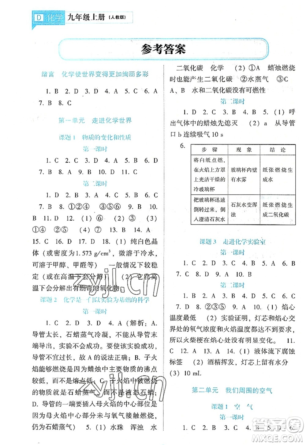 遼海出版社2022新課程化學能力培養(yǎng)九年級上冊人教版D版大連專用答案