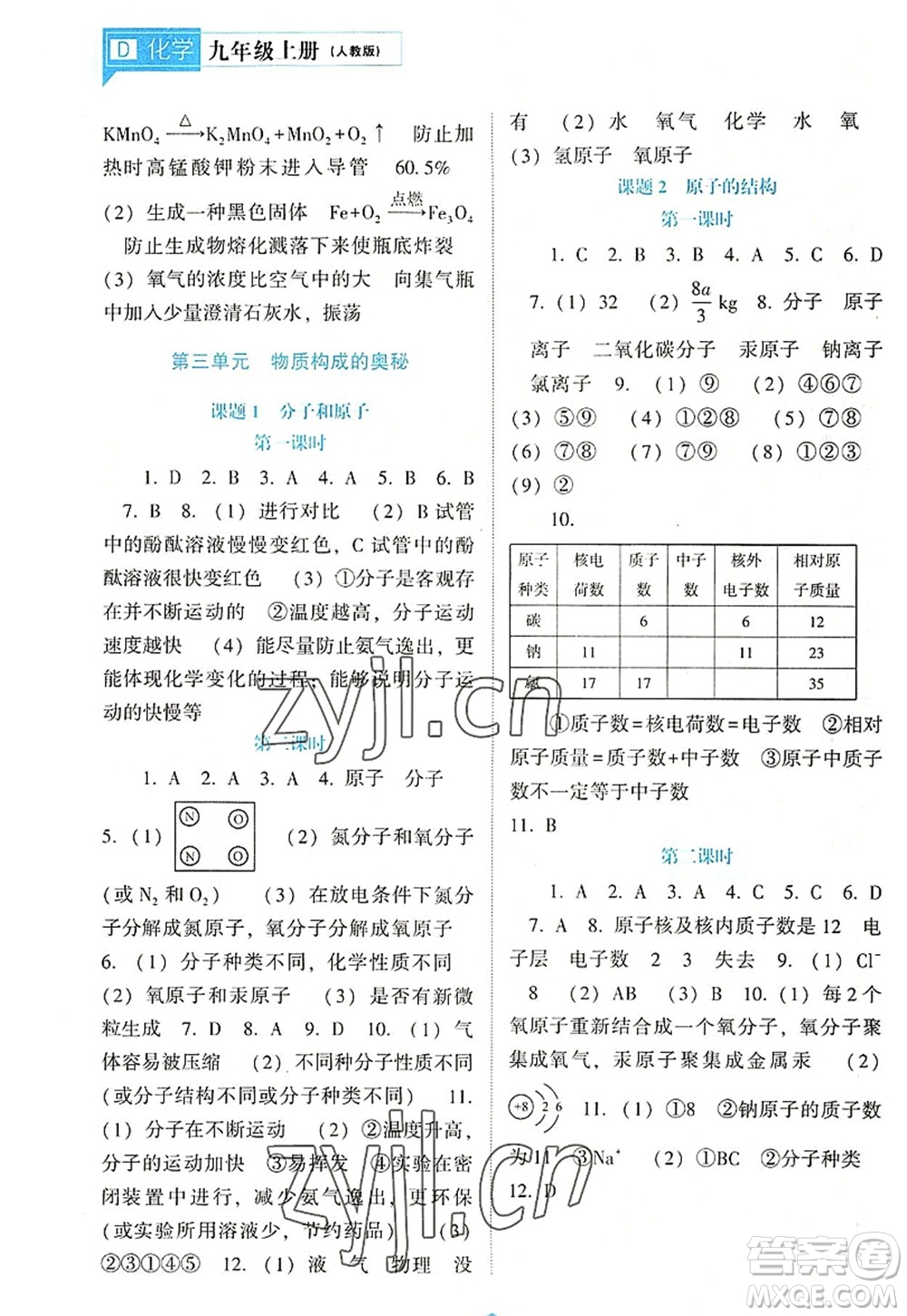 遼海出版社2022新課程化學能力培養(yǎng)九年級上冊人教版D版大連專用答案