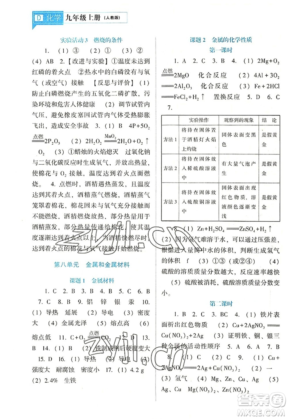 遼海出版社2022新課程化學能力培養(yǎng)九年級上冊人教版D版大連專用答案