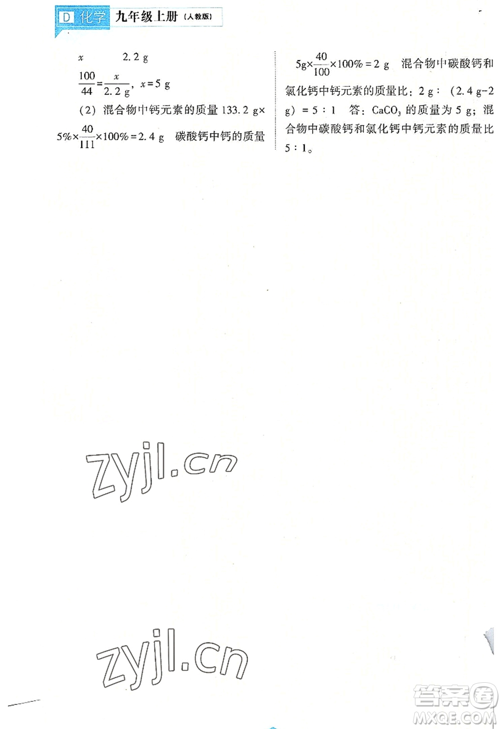 遼海出版社2022新課程化學能力培養(yǎng)九年級上冊人教版D版大連專用答案