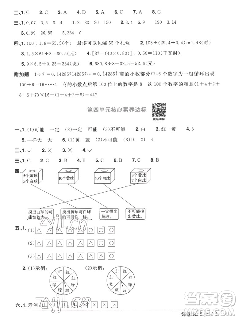 江西教育出版社2022陽光同學一線名師全優(yōu)好卷數(shù)學五年級上冊人教版答案
