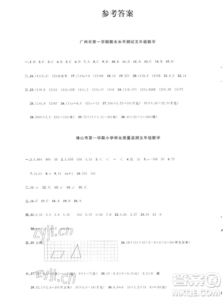江西教育出版社2022陽光同學一線名師全優(yōu)好卷數(shù)學五年級上冊人教版答案