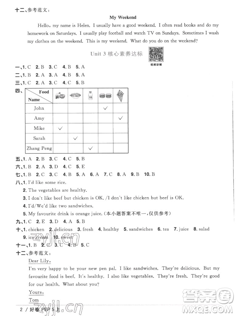 江西教育出版社2022陽光同學一線名師全優(yōu)好卷英語五年級上冊人教版答案