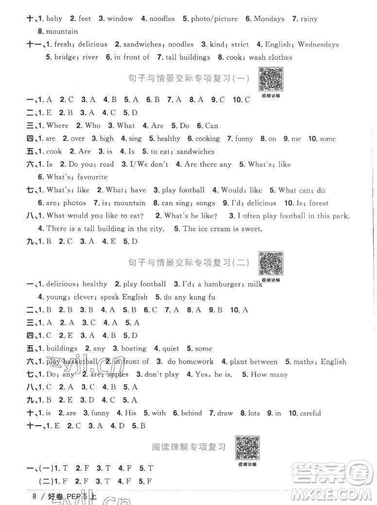 江西教育出版社2022陽光同學一線名師全優(yōu)好卷英語五年級上冊人教版答案
