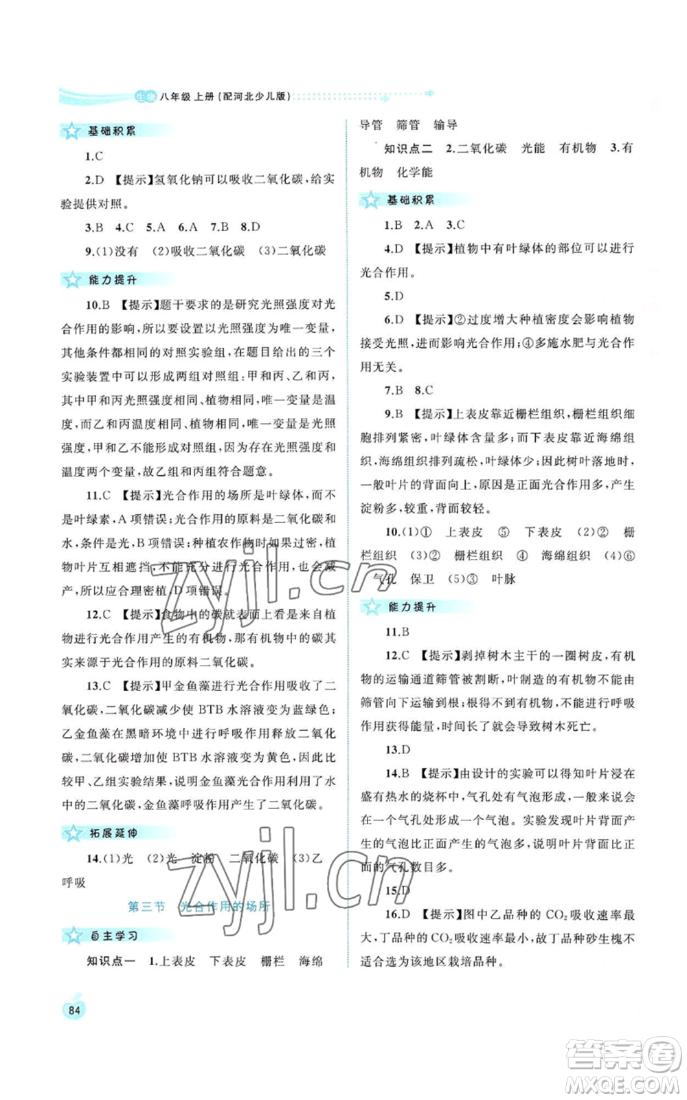 廣西教育出版社2022新課程學(xué)習(xí)與測(cè)評(píng)同步學(xué)習(xí)八年級(jí)上冊(cè)生物河北少兒版參考答案