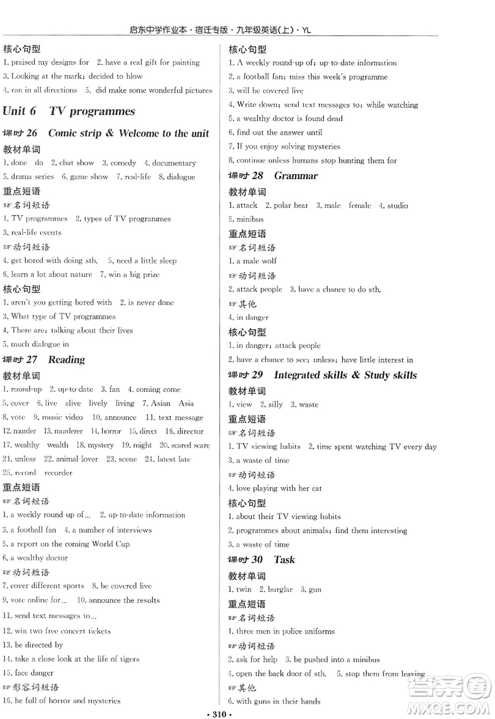 龍門(mén)書(shū)局2022啟東中學(xué)作業(yè)本九年級(jí)英語(yǔ)上冊(cè)YL譯林版宿遷專版答案