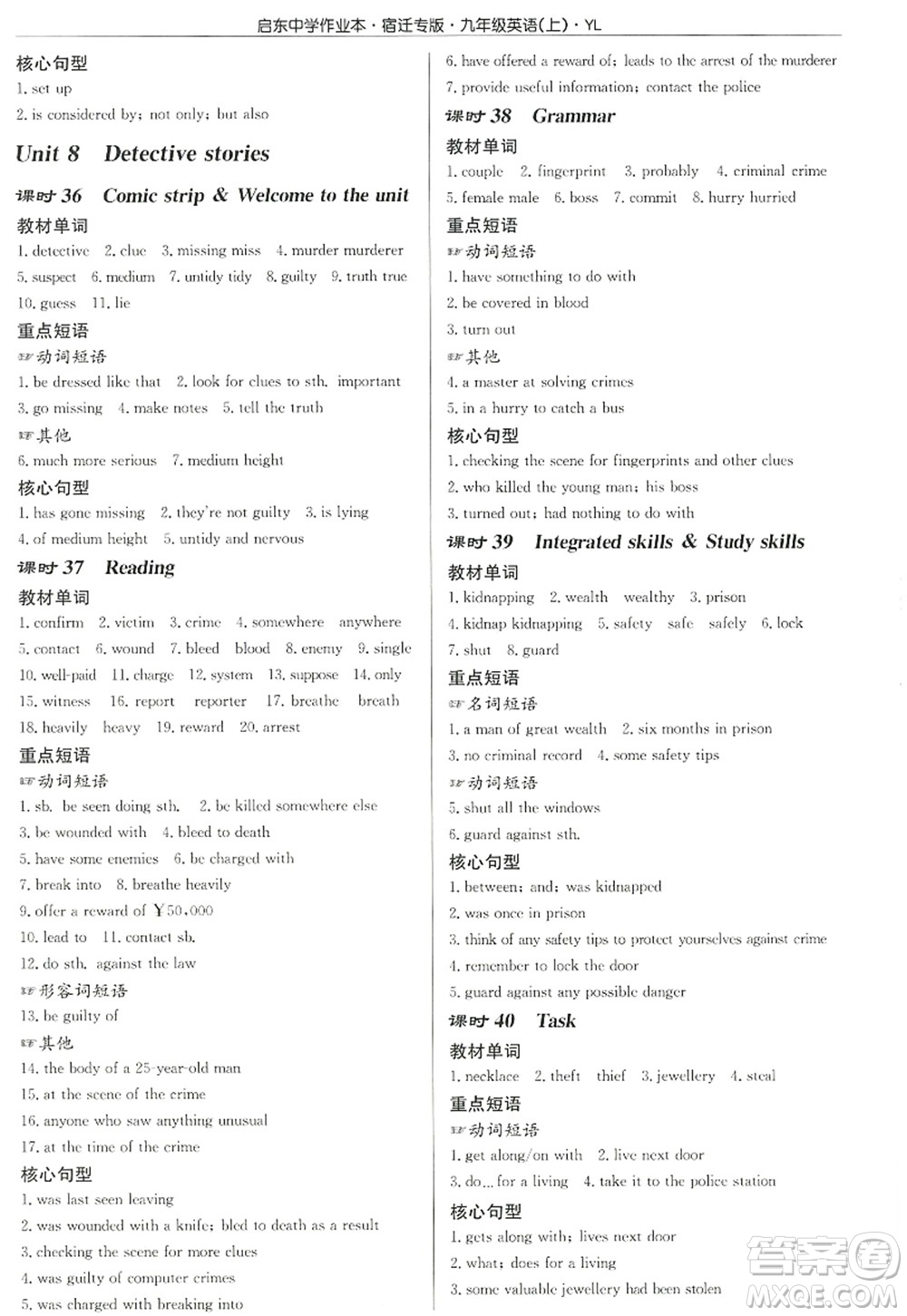 龍門(mén)書(shū)局2022啟東中學(xué)作業(yè)本九年級(jí)英語(yǔ)上冊(cè)YL譯林版宿遷專版答案