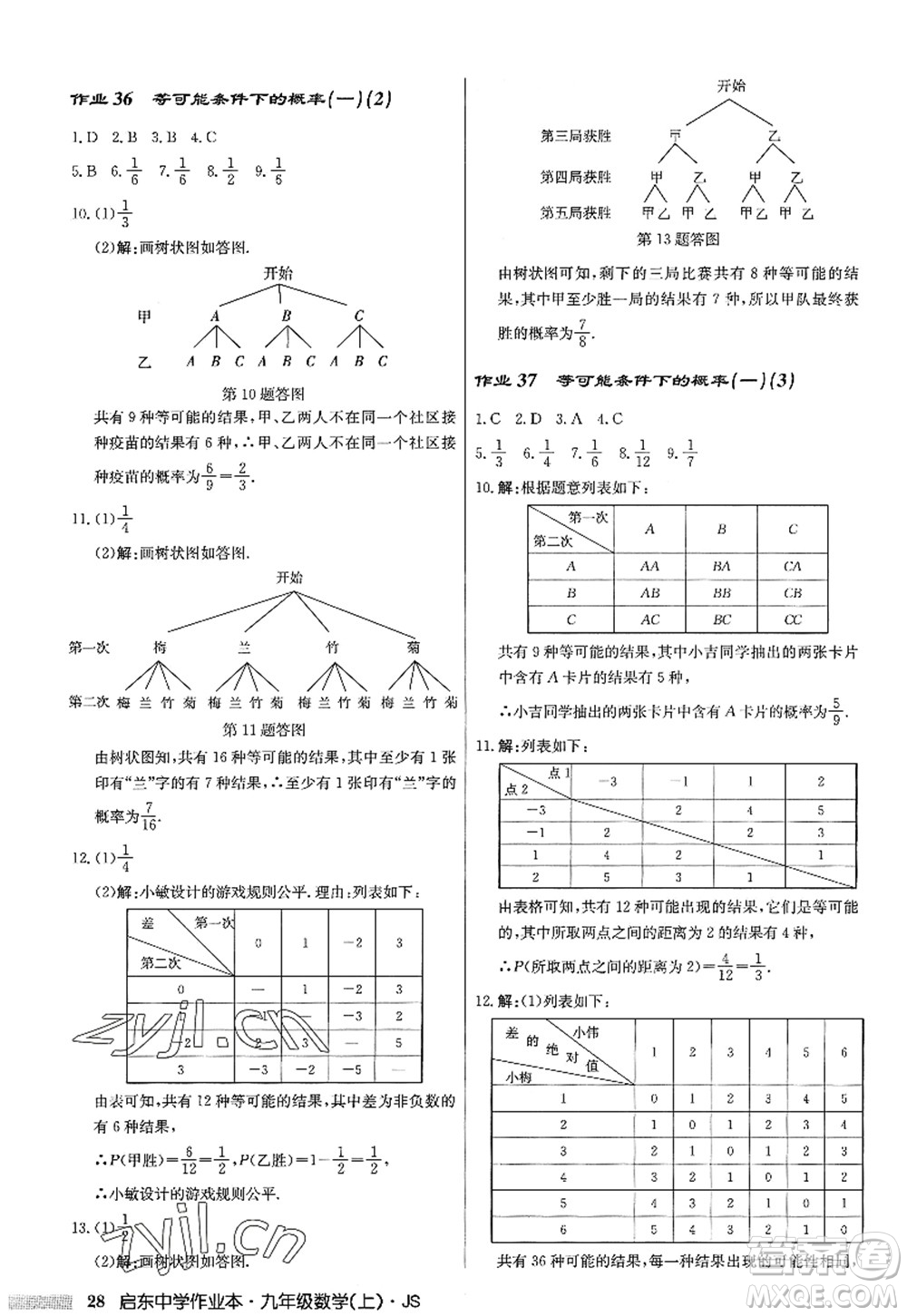 龍門書局2022啟東中學(xué)作業(yè)本九年級數(shù)學(xué)上冊JS江蘇版答案