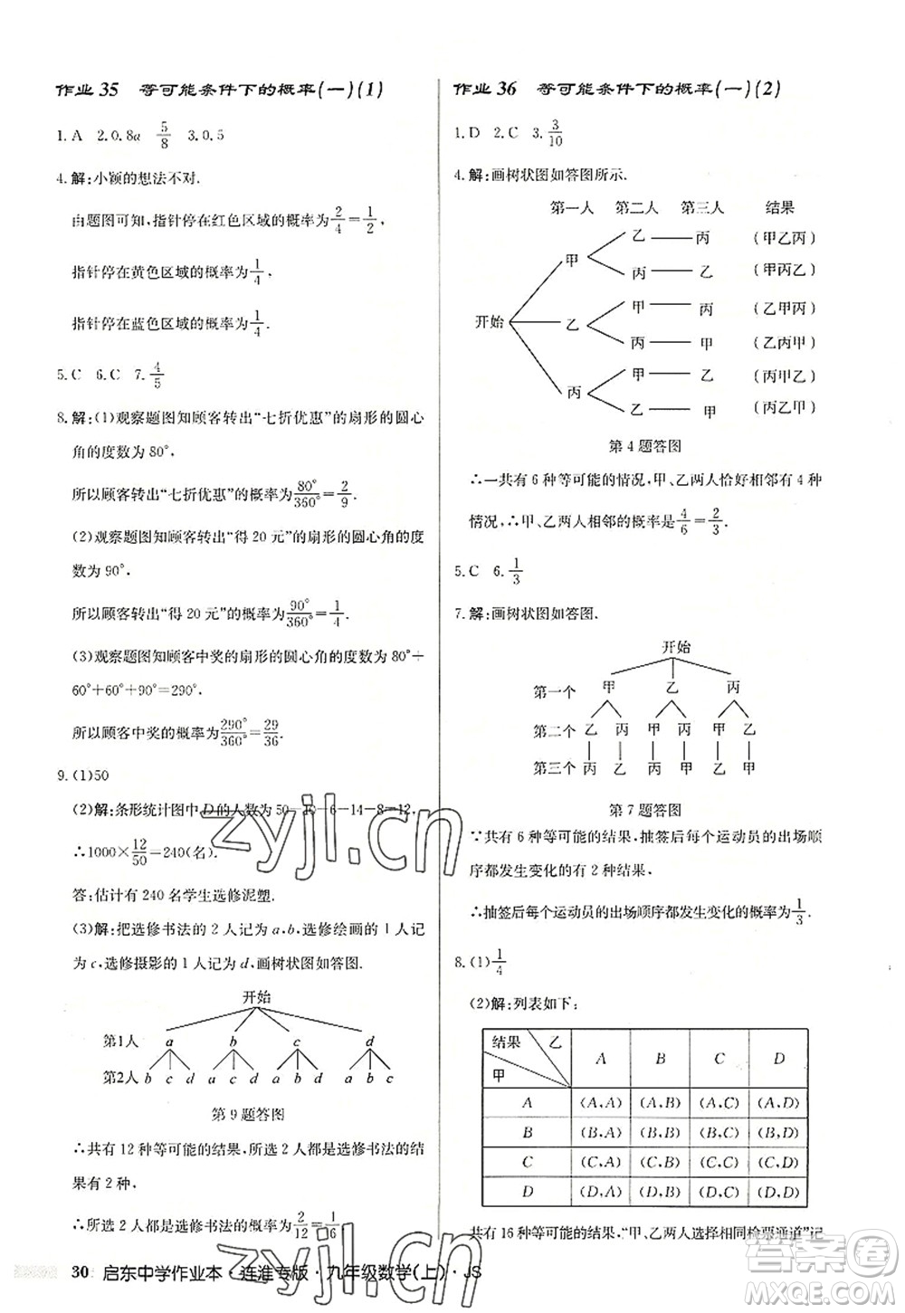 龍門書局2022啟東中學作業(yè)本九年級數學上冊JS江蘇版連淮專版答案