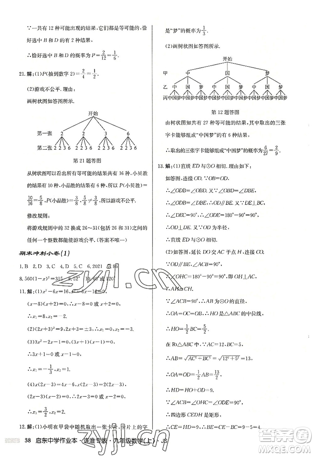龍門書局2022啟東中學作業(yè)本九年級數學上冊JS江蘇版連淮專版答案