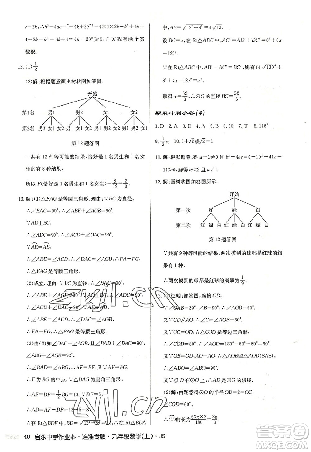龍門書局2022啟東中學作業(yè)本九年級數學上冊JS江蘇版連淮專版答案