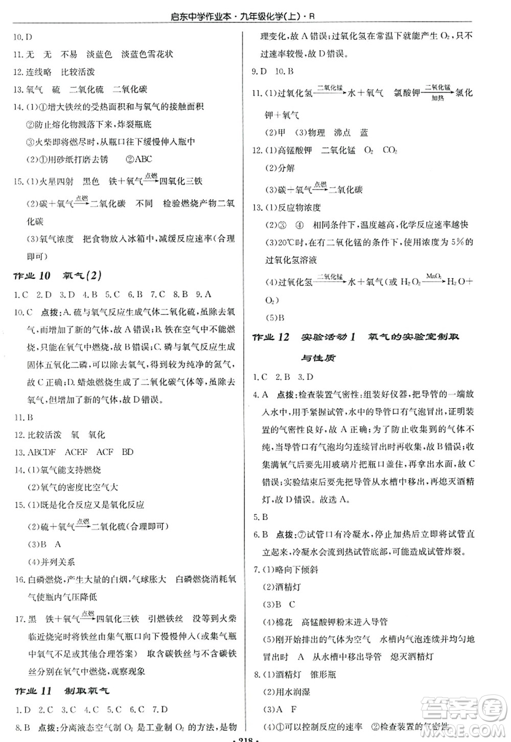 龍門書局2022啟東中學(xué)作業(yè)本九年級(jí)化學(xué)上冊(cè)R人教版答案