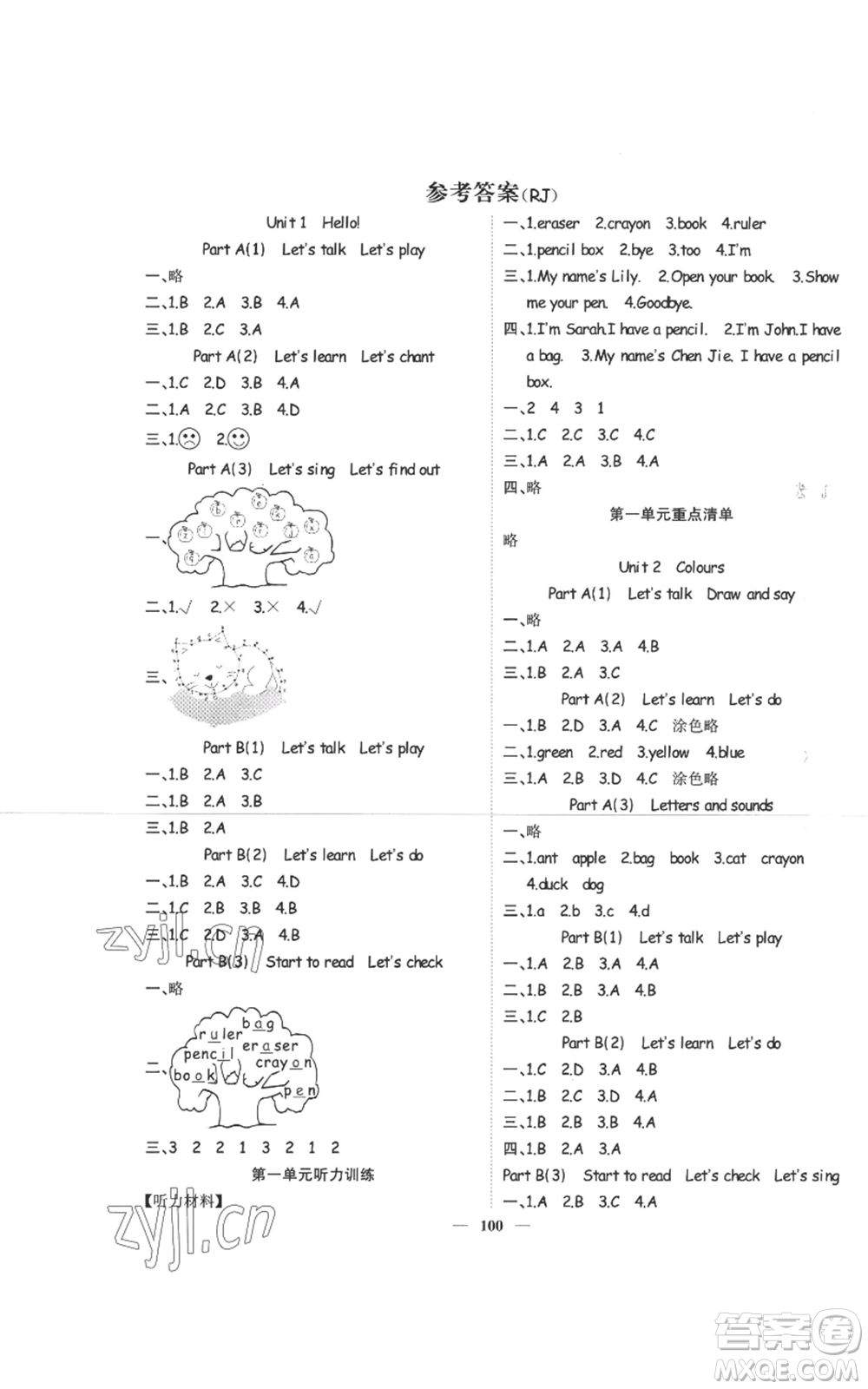 天津科學(xué)技術(shù)出版社2022智慧花朵三年級上冊英語人教版參考答案