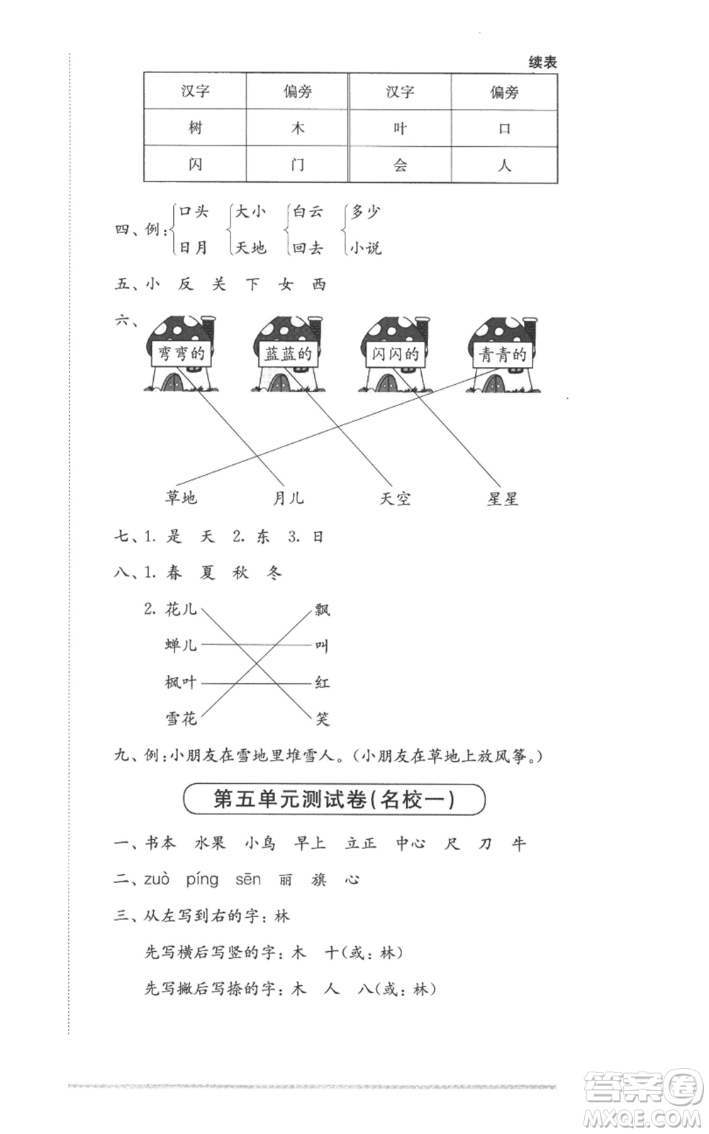 華東師范大學(xué)出版社2022上海名校名卷一年級(jí)上冊(cè)語(yǔ)文人教版參考答案