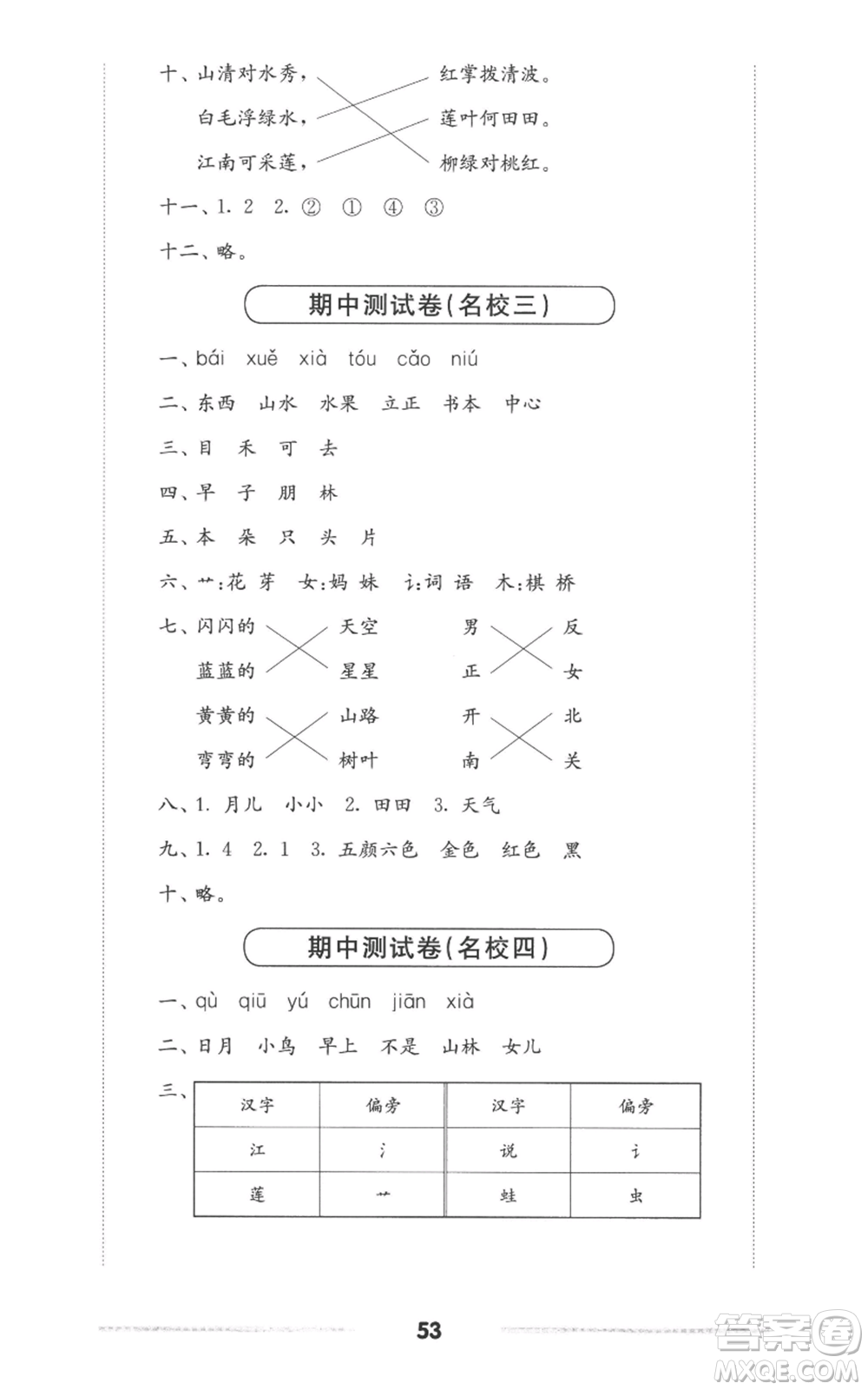 華東師范大學(xué)出版社2022上海名校名卷一年級(jí)上冊(cè)語(yǔ)文人教版參考答案