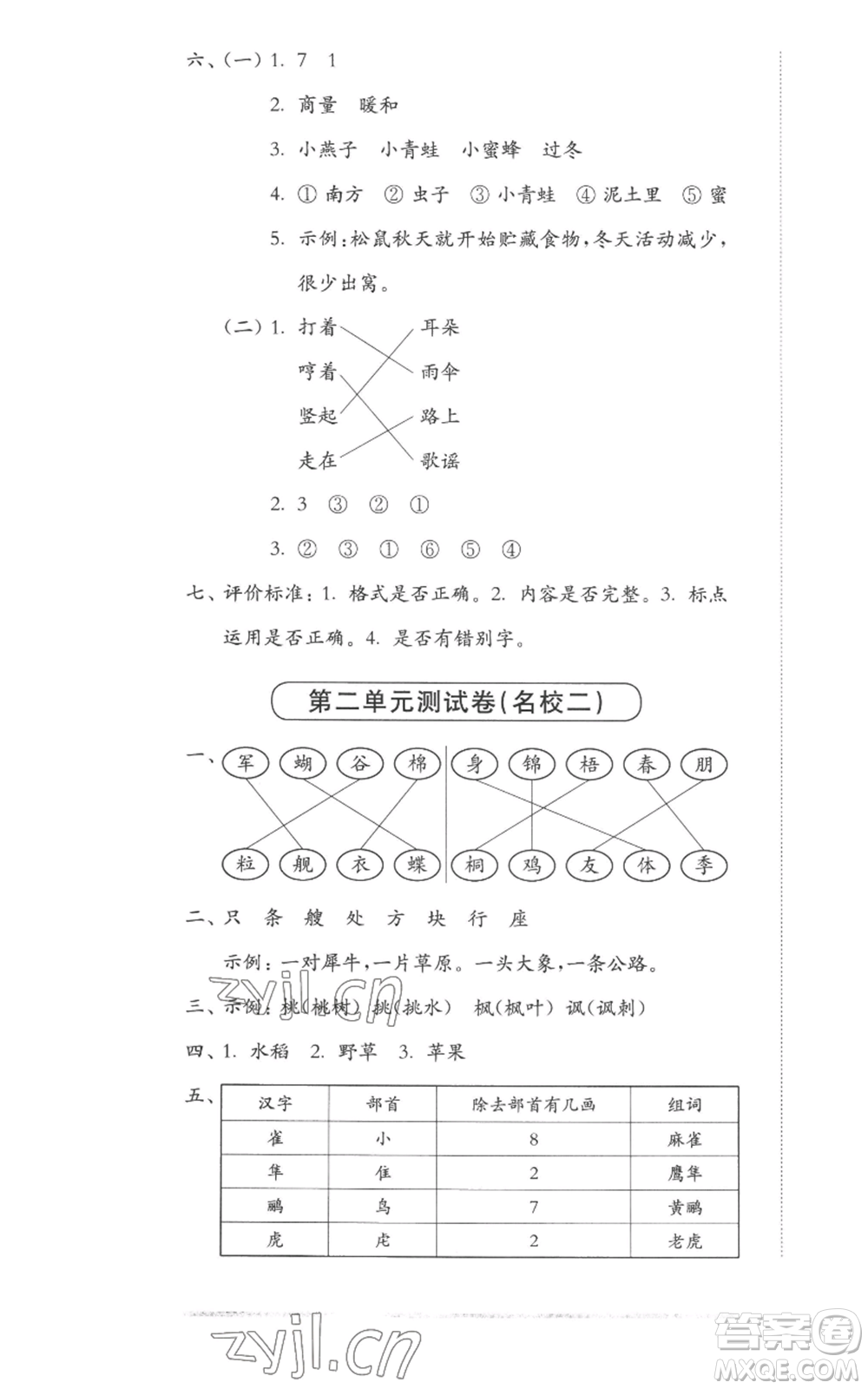 華東師范大學(xué)出版社2022上海名校名卷二年級(jí)上冊語文人教版參考答案