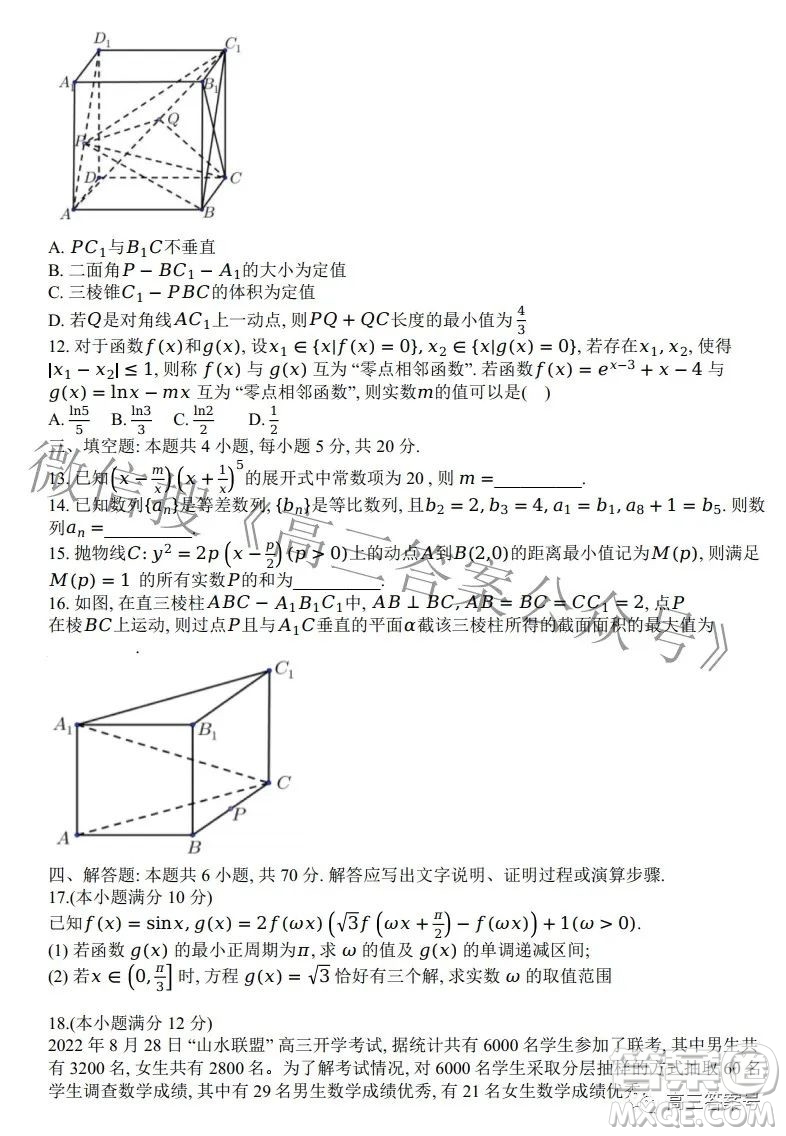 2022年8月浙江省山水聯(lián)盟高三返校聯(lián)考數(shù)學(xué)試題及答案