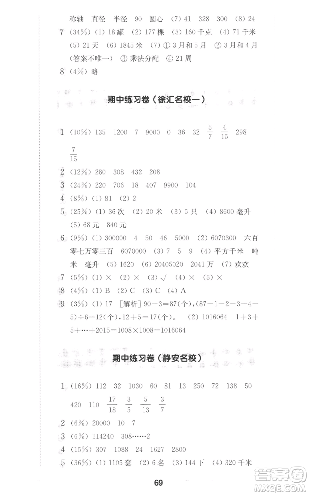 華東師范大學(xué)出版社2022上海名校名卷四年級上冊數(shù)學(xué)滬教版參考答案