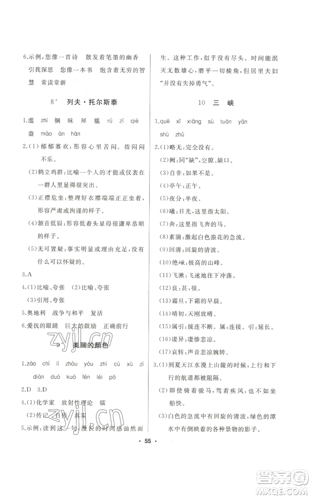 延邊人民出版社2022秋季試題優(yōu)化課堂同步八年級(jí)上冊(cè)語文人教版參考答案