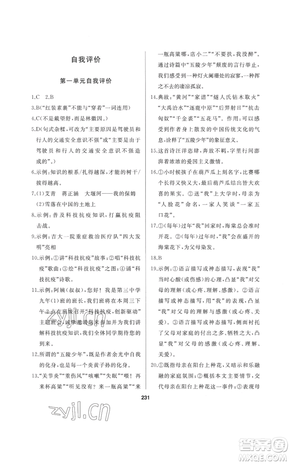 延邊人民出版社2022秋季試題優(yōu)化課堂同步九年級(jí)上冊(cè)語文人教版參考答案