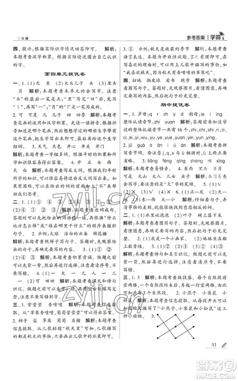甘肅少年兒童出版社2022經(jīng)綸學典學霸一年級上冊語文人教版參考答案