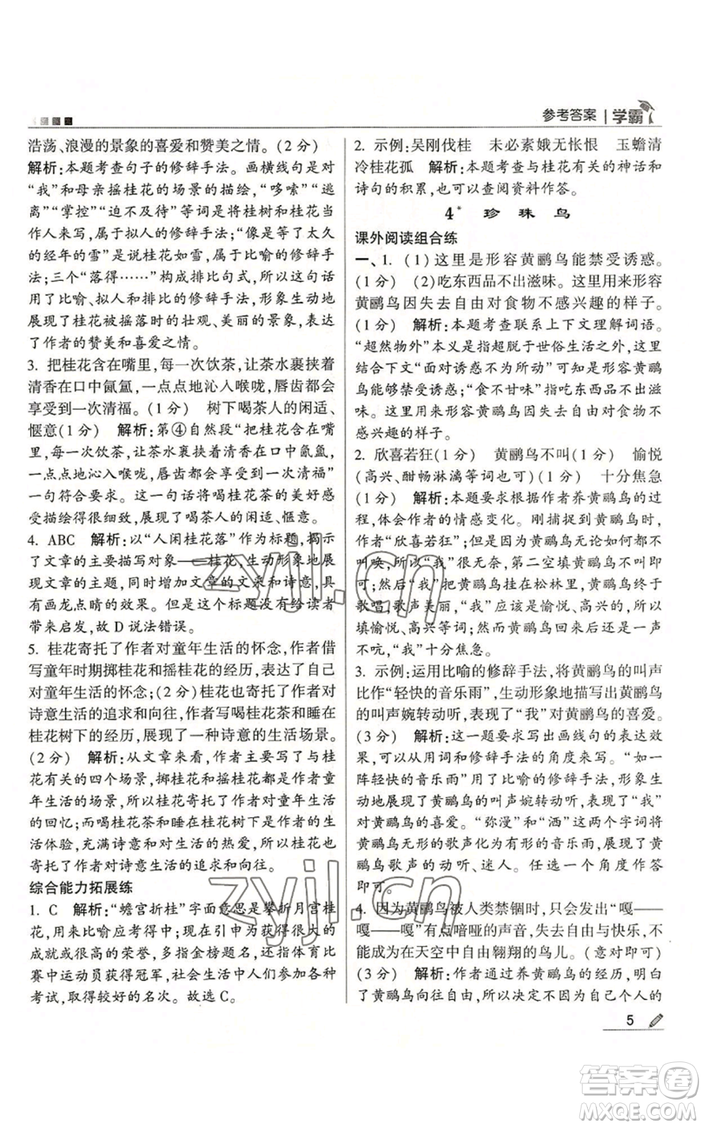 甘肅少年兒童出版社2022經綸學典學霸五年級上冊語文人教版參考答案