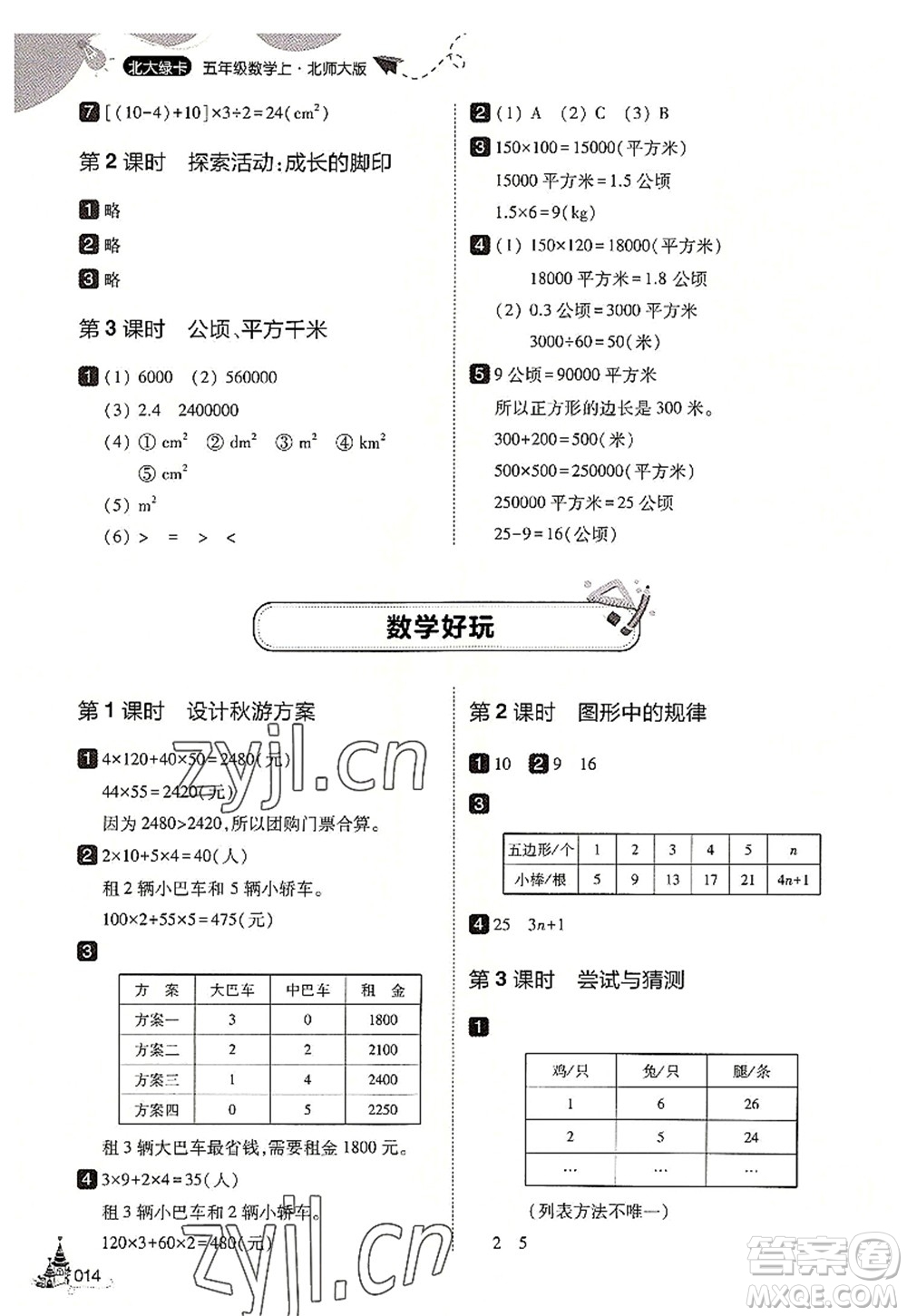 東北師范大學出版社2022北大綠卡五年級數(shù)學上冊北師大版答案