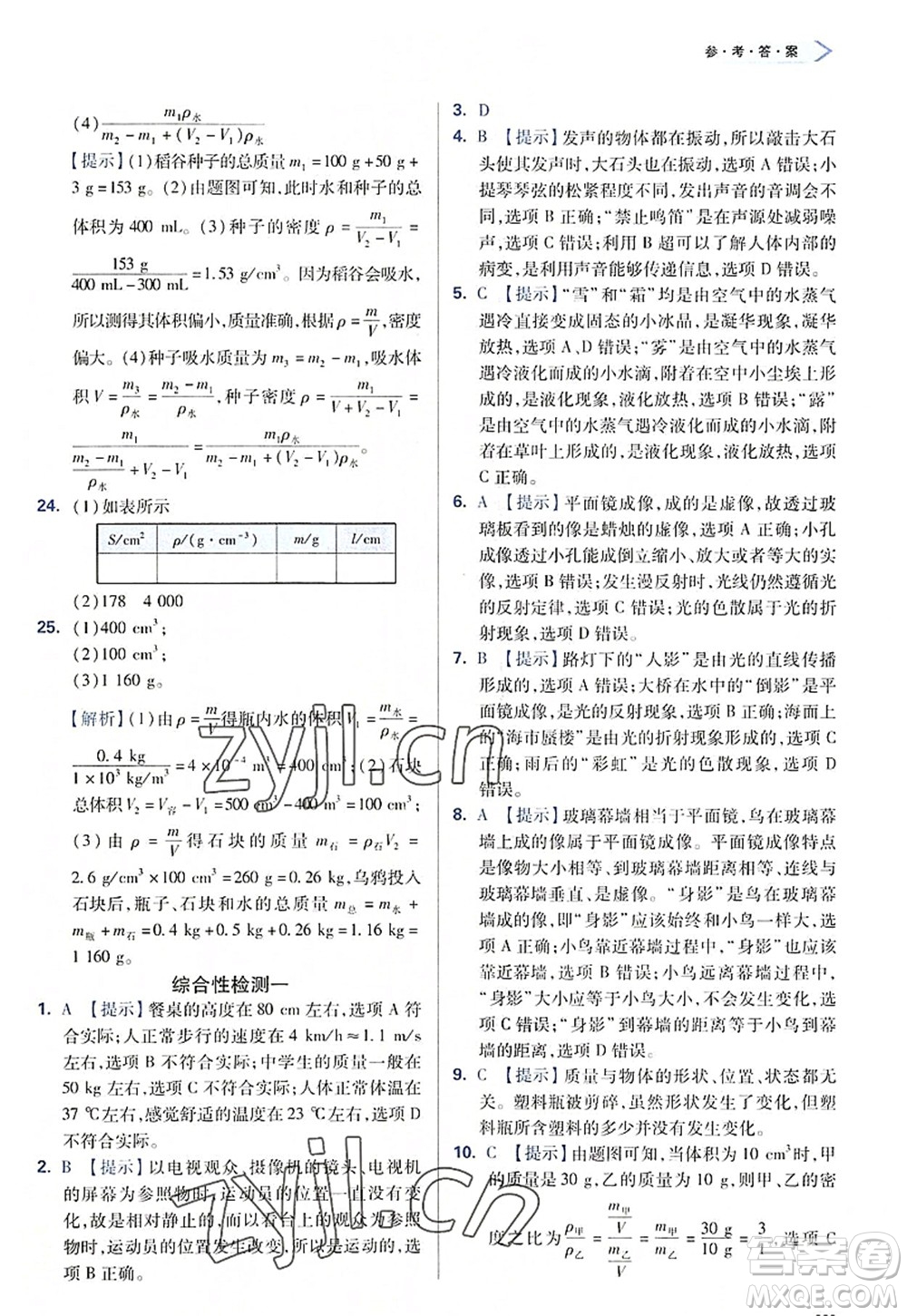 天津教育出版社2022學(xué)習(xí)質(zhì)量監(jiān)測(cè)八年級(jí)物理上冊(cè)人教版答案