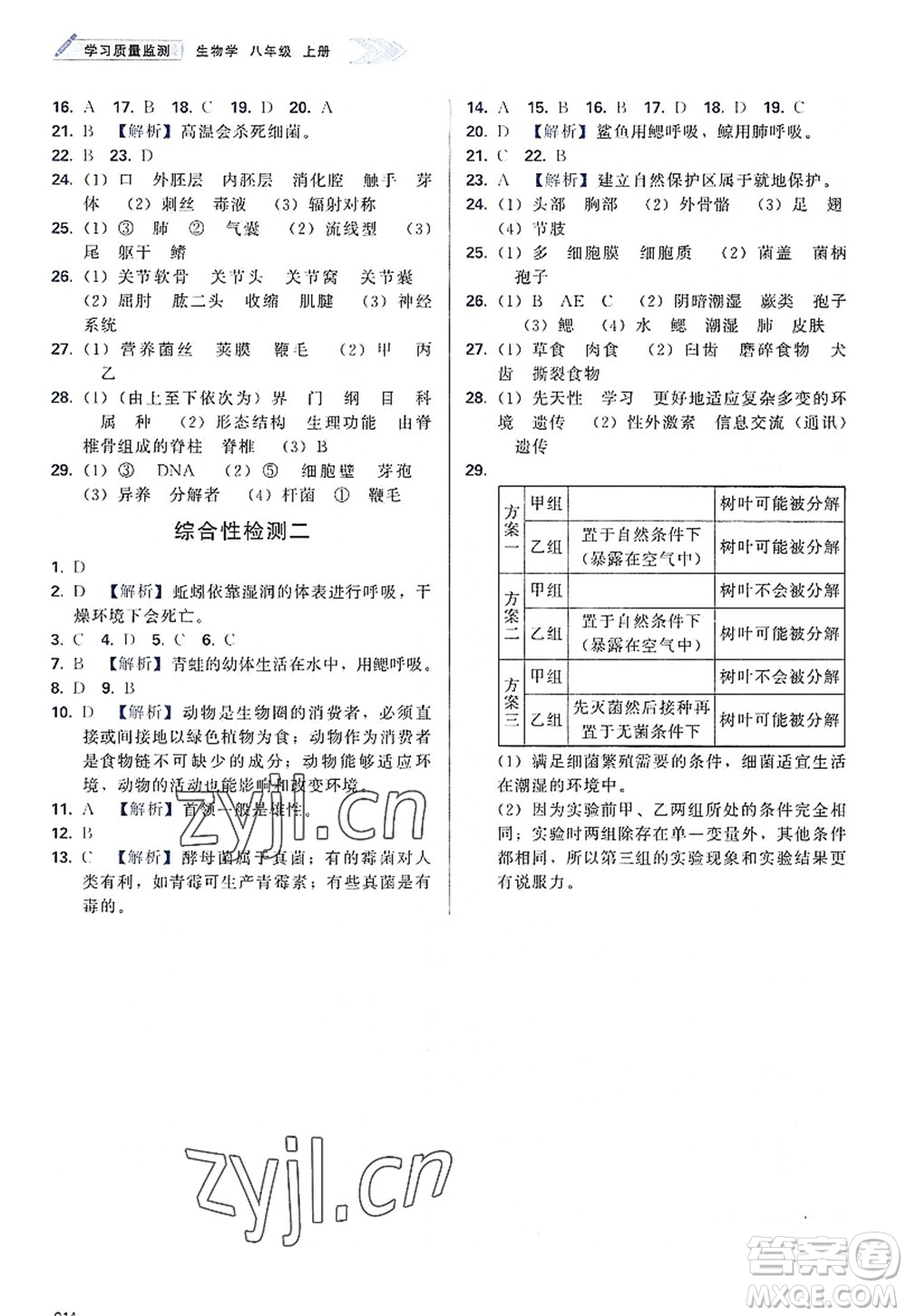 天津教育出版社2022學(xué)習(xí)質(zhì)量監(jiān)測八年級生物上冊人教版答案