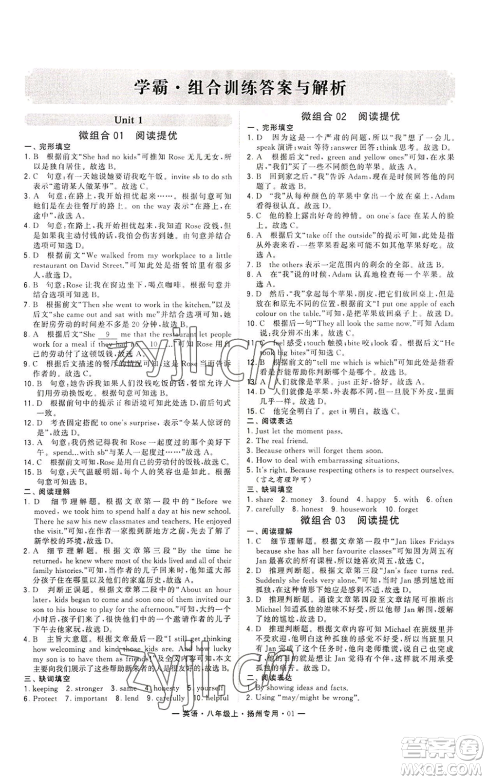 河海大學(xué)出版社2022經(jīng)綸學(xué)典學(xué)霸組合訓(xùn)練八年級(jí)上冊(cè)英語(yǔ)譯林版揚(yáng)州專版參考答案