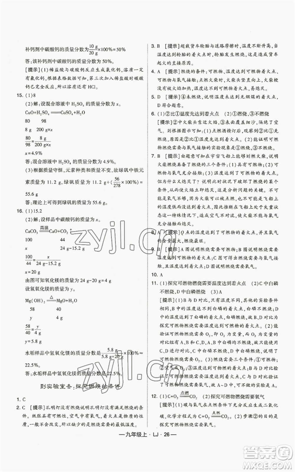 寧夏人民教育出版社2022經(jīng)綸學(xué)典學(xué)霸題中題九年級(jí)上冊(cè)化學(xué)魯教版參考答案