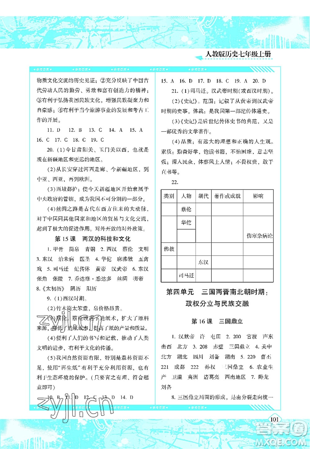 湖南少年兒童出版社2022課程基礎(chǔ)訓(xùn)練七年級(jí)歷史上冊(cè)人教版答案