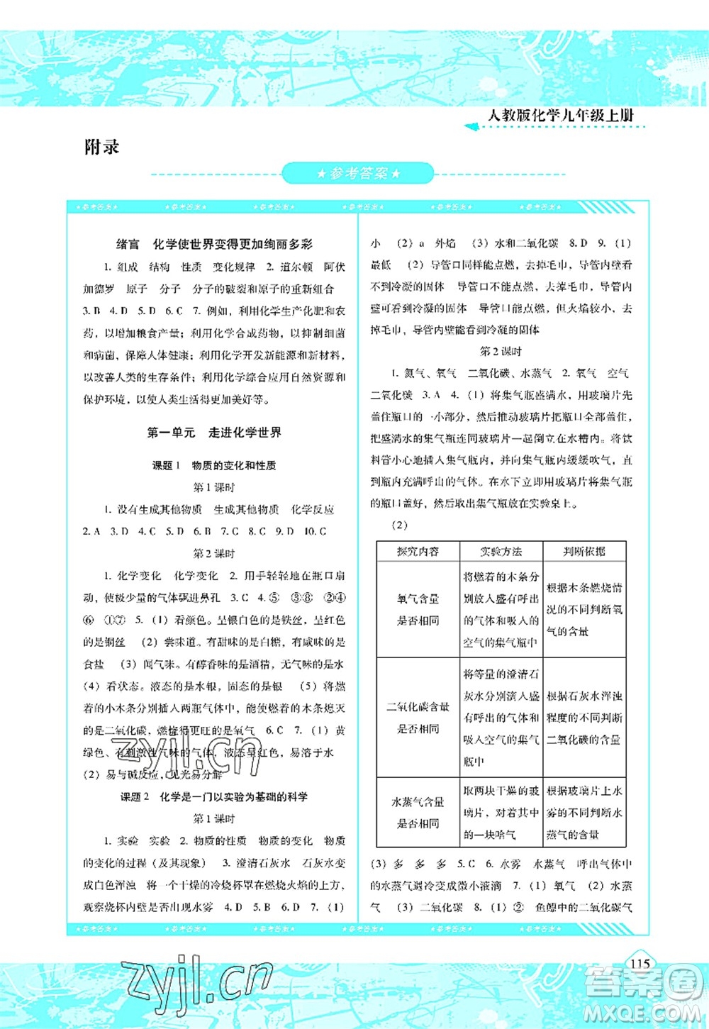 湖南少年兒童出版社2022課程基礎(chǔ)訓(xùn)練九年級(jí)化學(xué)上冊(cè)人教版答案