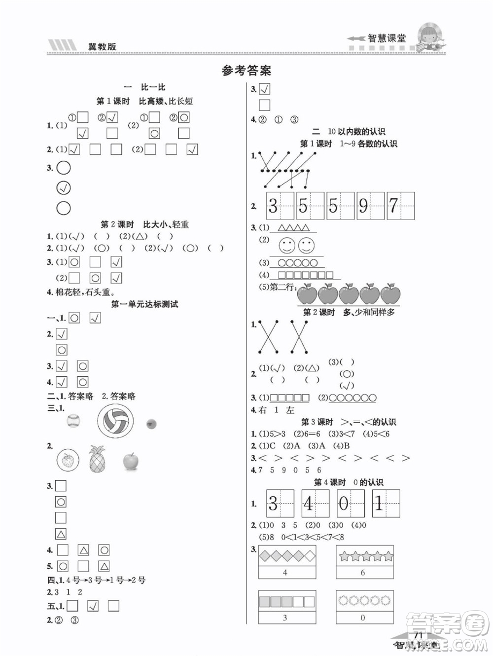 云南科技出版社2022秋智慧課堂同步講練測數(shù)學(xué)一年級(jí)上冊(cè)JJ冀教版答案