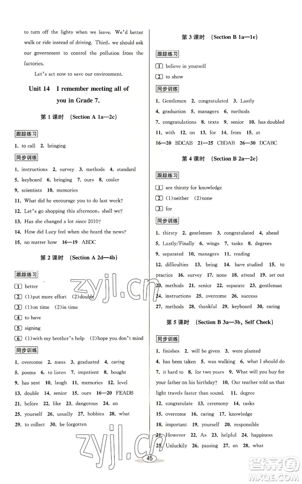 北京教育出版社2022秋季教與學(xué)課程同步講練九年級英語人教新目標(biāo)版參考答案