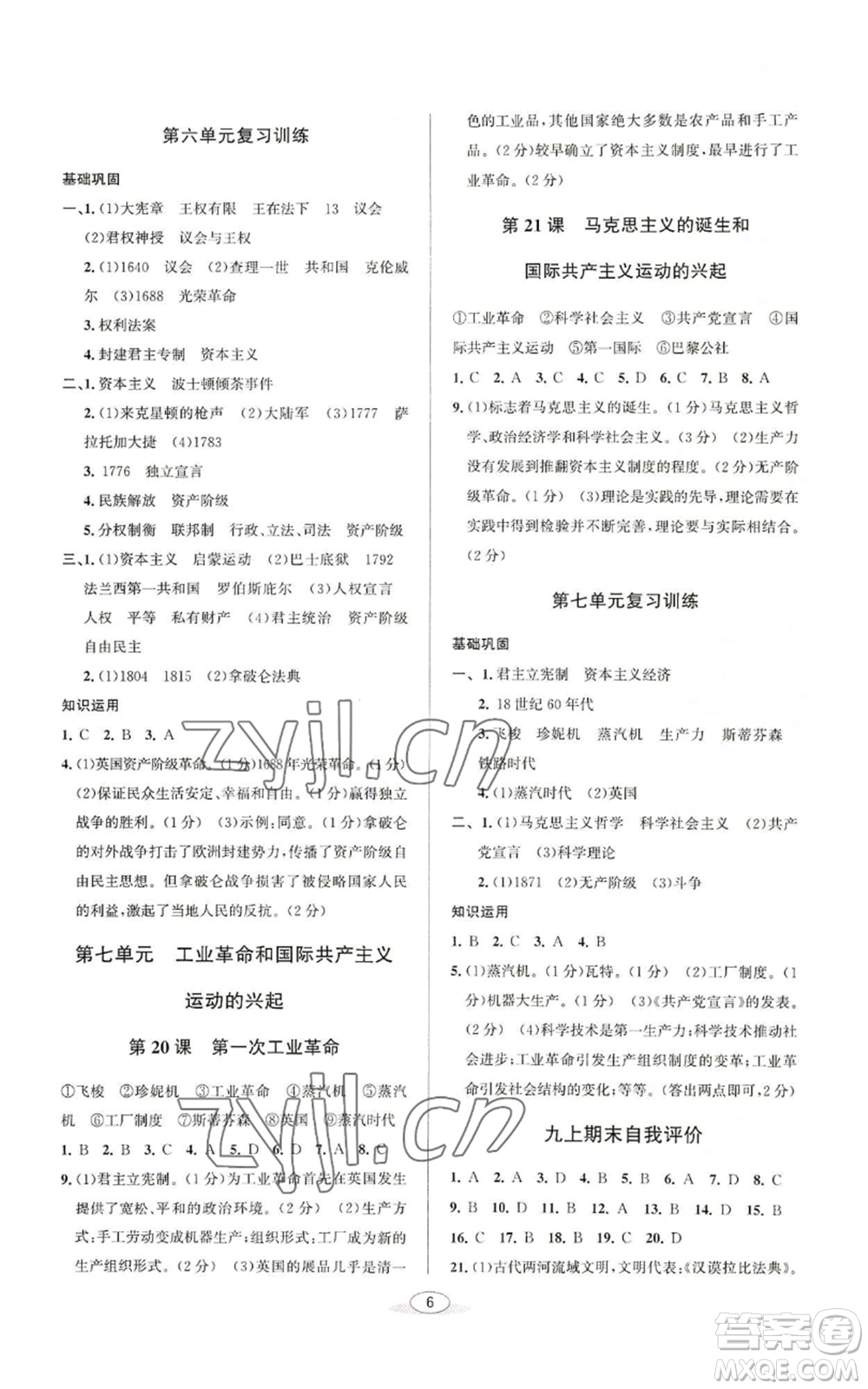 北京教育出版社2022秋季教與學(xué)課程同步講練九年級(jí)世界歷史人教版參考答案