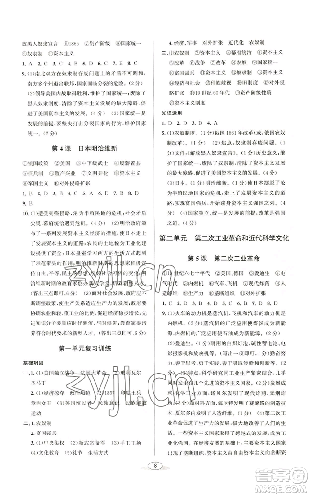 北京教育出版社2022秋季教與學(xué)課程同步講練九年級(jí)世界歷史人教版參考答案