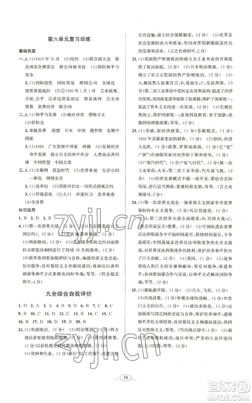 北京教育出版社2022秋季教與學(xué)課程同步講練九年級(jí)世界歷史人教版參考答案