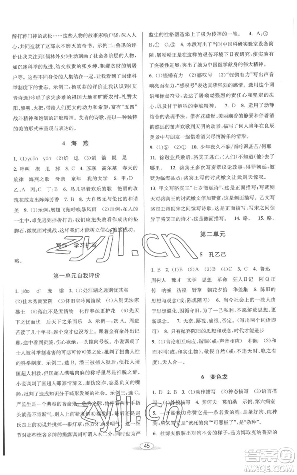 北京教育出版社2022秋季教與學課程同步講練九年級語文人教版參考答案