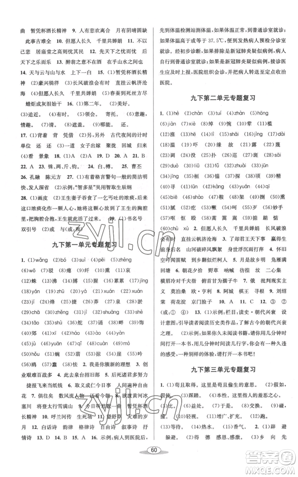 北京教育出版社2022秋季教與學課程同步講練九年級語文人教版參考答案