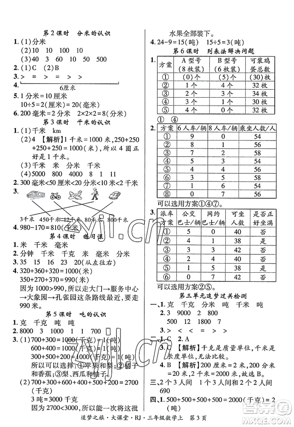 天津科學(xué)技術(shù)出版社2022追夢(mèng)之旅大課堂三年級(jí)數(shù)學(xué)上冊(cè)RJ人教版河南專版答案