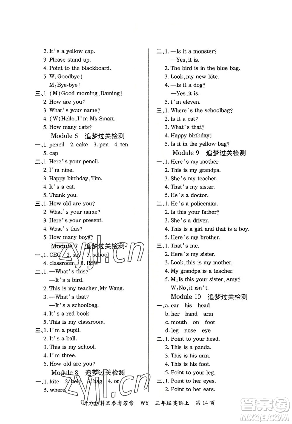 天津科學(xué)技術(shù)出版社2022追夢之旅大課堂三年級英語上冊WY外研版河南專版答案