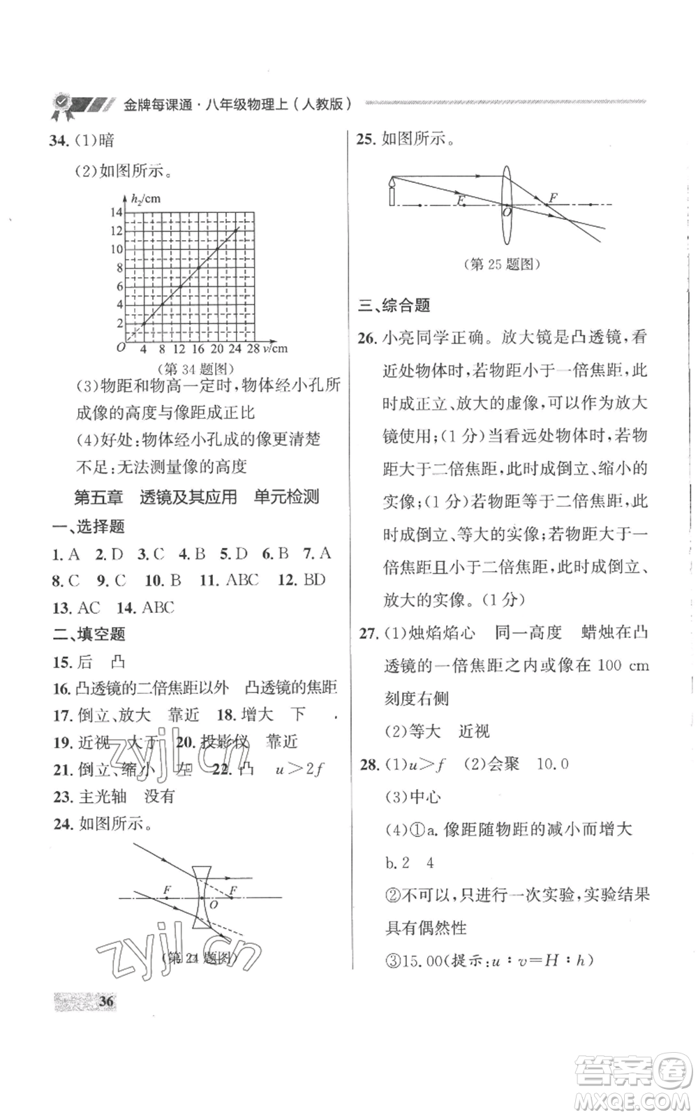 延邊大學(xué)出版社2022秋季點(diǎn)石成金金牌每課通八年級上冊物理人教版參考答案