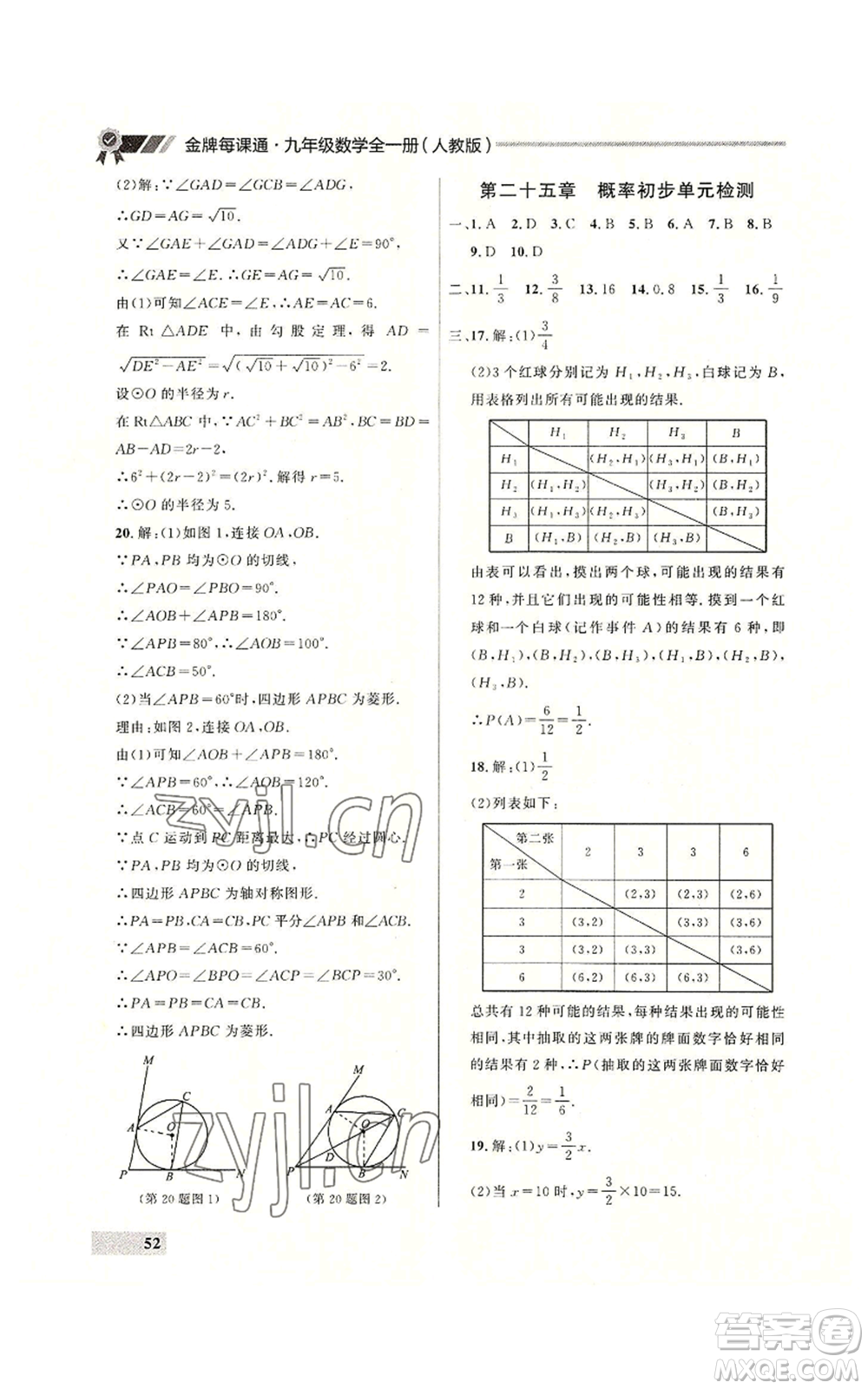 延邊大學(xué)出版社2022秋季點石成金金牌每課通九年級數(shù)學(xué)人教版大連專版參考答案